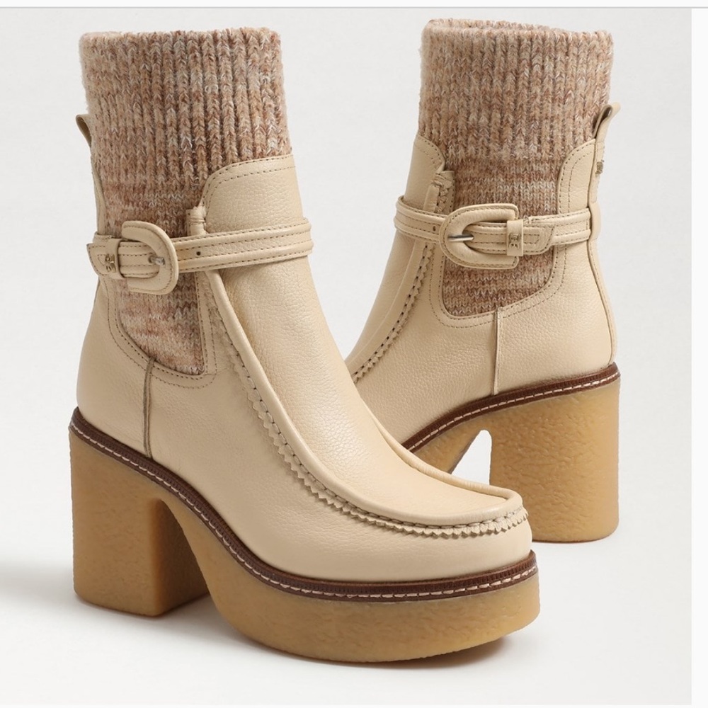 Revolve Sam Edelman Sidney Bootie Eggshell Chunky Platform Heel Boots Size 7